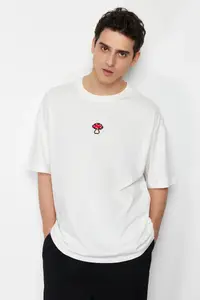 MAN Ecru Unisex Oversized/Wide Cut Mushroom Embroidered 100% Cotton T-Shirt - Image 7