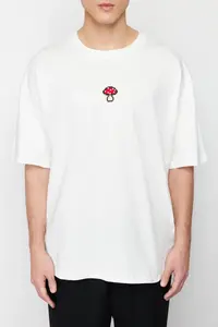 MAN Ecru Unisex Oversized/Wide Cut Mushroom Embroidered 100% Cotton T-Shirt - Image 8