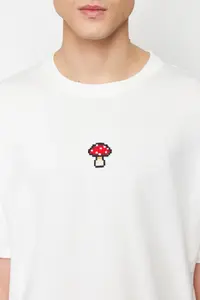 MAN Ecru Unisex Oversized/Wide Cut Mushroom Embroidered 100% Cotton T-Shirt - Image 9