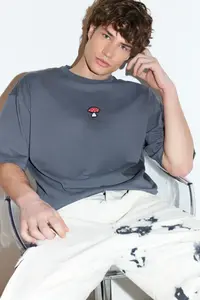 MAN Anthracite Oversized/Wide Cut Mushroom Embroidered 100% T-Shirt