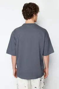 MAN Anthracite Oversized/Wide Cut Mushroom Embroidered 100% T-Shirt - Image 2