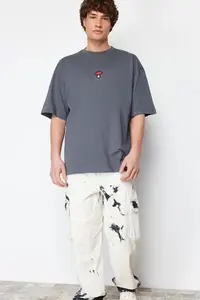 MAN Anthracite Oversized/Wide Cut Mushroom Embroidered 100% T-Shirt - Image 3
