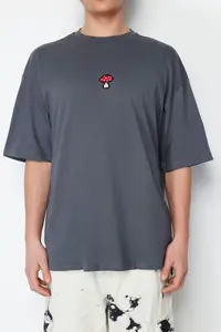 MAN Anthracite Oversized/Wide Cut Mushroom Embroidered 100% T-Shirt - Image 5