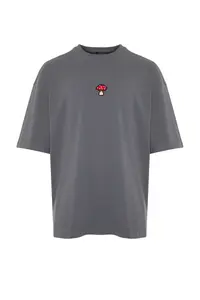 MAN Anthracite Oversized/Wide Cut Mushroom Embroidered 100% T-Shirt - Image 7
