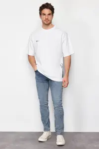 MAN White Oversized Text Printed 100% Cotton T-Shirt - Image 2