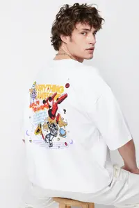 MAN White Oversized/Wide Cut Space Printed 100% T-Shirt