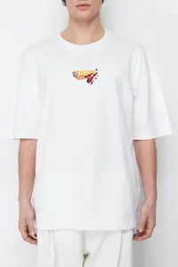 MAN White Oversized/Wide Cut Space Printed 100% T-Shirt - Image 4