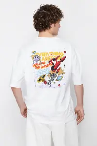 MAN White Oversized/Wide Cut Space Printed 100% T-Shirt - Image 5