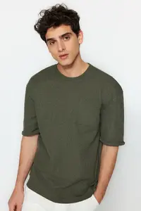 MAN Khaki Oversized/Wide Cut Crew Neck Basic Plus Size T-Shirt - Image 2