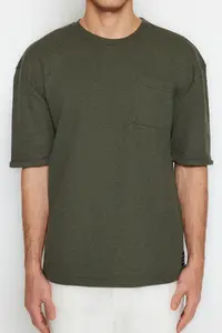 MAN Khaki Oversized/Wide Cut Crew Neck Basic Plus Size T-Shirt - Image 5