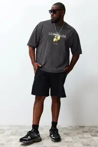 MAN Anthracite Oversized/Wide Cut Crew Neck Lemon Printed Plus Size T-Shirt
