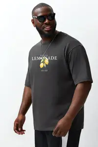 MAN Anthracite Oversized/Wide Cut Crew Neck Lemon Printed Plus Size T-Shirt - Image 2