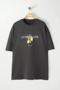 MAN Anthracite Oversized/Wide Cut Crew Neck Lemon Printed Plus Size T-Shirt - Image 4