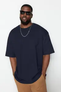 MAN Plus Size Navy Blue Oversized/Wide Cut 100% Cotton T-Shirt - Image 2