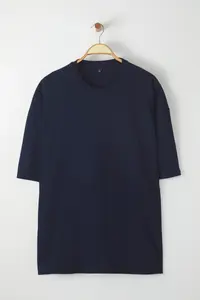 MAN Plus Size Navy Blue Oversized/Wide Cut 100% Cotton T-Shirt - Image 4