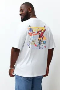 MAN White Plus Size Oversized/Wide Cut Front and Back Space Printed 100% Cotton T-Shirt