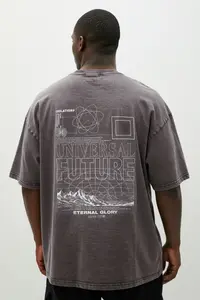 MAN Plus Size Anthracite Oversized/Wide Cut Faded Effect Printed 100% Cotton T-Shirt