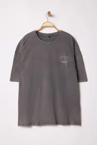 MAN Plus Size Anthracite Oversized/Wide Cut Faded Effect Printed 100% Cotton T-Shirt - Image 5