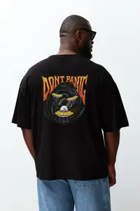 MAN Plus Size Black Oversized/Wide Cut Space Printed 100% Cotton T-Shirt