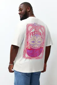 MAN Plus Size Ecru Unisex Oversized/Wide Cut Ethnic Back Printed 100% Cotton T-Shirt