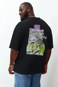 MAN Plus Size Black Oversized/Wide Cut Art Back Printed Knitting T-Shirt