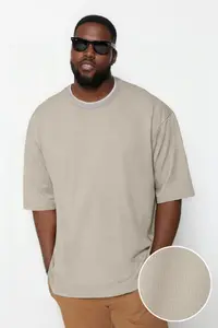 MAN Plus Size Stone Oversized/Wide Cut Knitwear Banded textured Pique T-Shirt