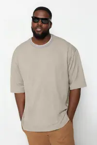 MAN Plus Size Stone Oversized/Wide Cut Knitwear Banded textured Pique T-Shirt - Image 2