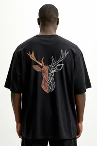 MAN Black Plus Size Oversized/Wide Cut Deer Printed 100% Cotton T-Shirt