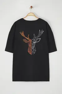 MAN Black Plus Size Oversized/Wide Cut Deer Printed 100% Cotton T-Shirt - Image 2