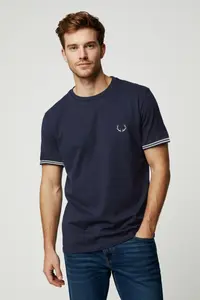 MAN Navy Blue Oversized/Wide Cut Embroidered Knitwear Tape Detailed textured T-Shirt - Image 2