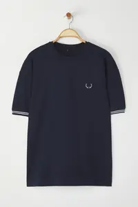 MAN Navy Blue Oversized/Wide Cut Embroidered Knitwear Tape Detailed textured T-Shirt - Image 3