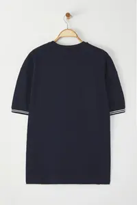 MAN Navy Blue Oversized/Wide Cut Embroidered Knitwear Tape Detailed textured T-Shirt - Image 4