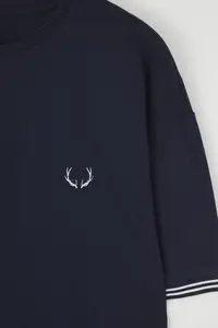 MAN Navy Blue Oversized/Wide Cut Embroidered Knitwear Tape Detailed textured T-Shirt - Image 6