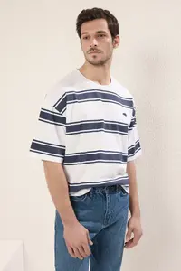 MAN White Oversized/Wide Cut Striped Thick 100% Cotton T-Shirt - Image 2