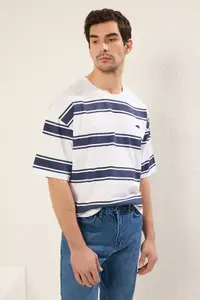 MAN White Oversized/Wide Cut Striped Thick 100% Cotton T-Shirt - Image 3