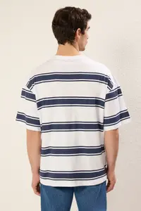 MAN White Oversized/Wide Cut Striped Thick 100% Cotton T-Shirt - Image 4