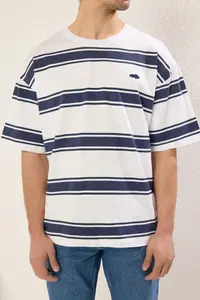 MAN White Oversized/Wide Cut Striped Thick 100% Cotton T-Shirt - Image 6