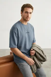 MAN Mavi Oversized/Wide Cut Printed textured Soft Thick T-Shirt