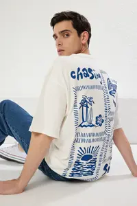MAN Ecru Oversized/Wide Cut Printed 100% Cotton T-Shirt