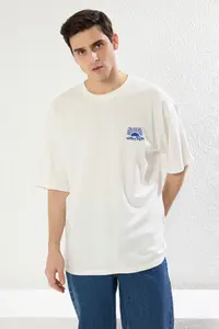 MAN Ecru Oversized/Wide Cut Printed 100% Cotton T-Shirt - Image 2