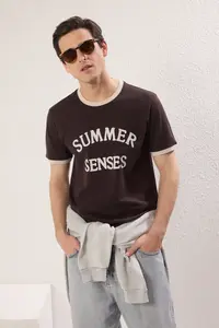 MAN Brown slim/Narrow Cut Sleeve Detailed Printed 100% Cotton T-Shirt
