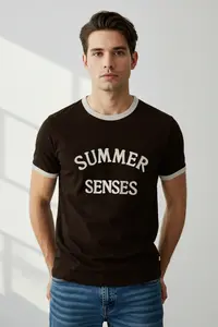 MAN Brown slim/Narrow Cut Sleeve Detailed Printed 100% Cotton T-Shirt - Image 5