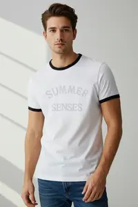 MAN Ecru Regular Cut Sleeve Detailed Printed 100% Cotton T-Shirt - Image 2
