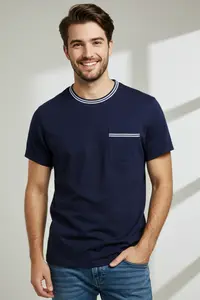 MAN Navy Blue Regular Cut Pocket and Knitwear Tape Detailed 100% Cotton Basic Soild T-Shirt