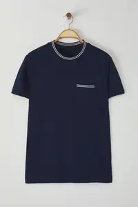 MAN Navy Blue Regular Cut Pocket and Knitwear Tape Detailed 100% Cotton Basic Soild T-Shirt - Image 2