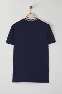 MAN Navy Blue Regular Cut Pocket and Knitwear Tape Detailed 100% Cotton Basic Soild T-Shirt - Image 3