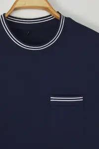 MAN Navy Blue Regular Cut Pocket and Knitwear Tape Detailed 100% Cotton Basic Soild T-Shirt - Image 4