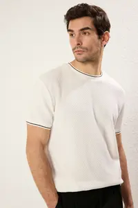 MAN White Regular/Normal Kesim textured Knitwear Banded T-Shirt - Image 3