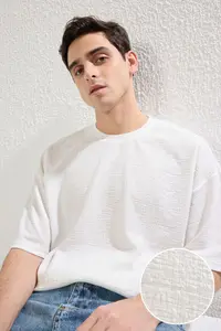 MAN Ecru Low Shoulder Regular/Comfortable Cut textured T-Shirt