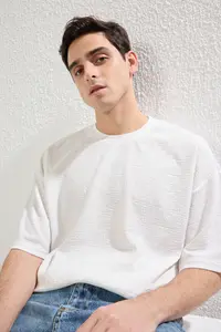 MAN Ecru Low Shoulder Regular/Comfortable Cut textured T-Shirt - Image 2